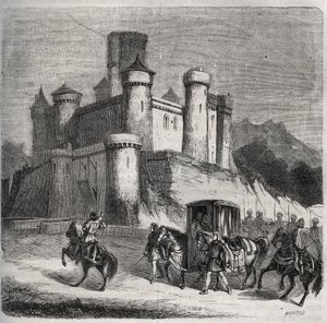 Le cortège de Rigonde (Rigonthe) (vers 569-après 589) quitte Paris pour rejoindre son fiancé, le prince Recarede. Gravure de 1871 dans « Histoire Des Cocus Célèbres » par Henry de Kock (1819-1892).
