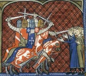 La croisade contre les Albigeois, vers 1325-1350. Soldats à cheval brandissant des épées attaquent un groupe d