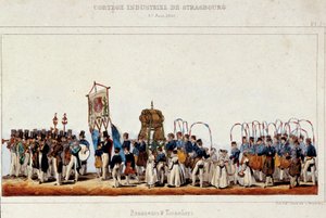 La danse des brasseurs et tonneliers lors du cortège industriel à Strasbourg le 25/06/1840. Lithographie de Simon
