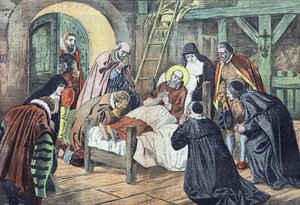 La mort de Saint François de Sales le 18 décembre 1622 à Lyon est entourée de fideles. "Le pelerin" du 31/12/1922 (impression) - French School
