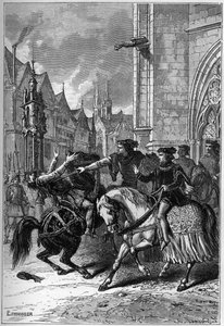 La mort de Wat Tyler à Smithfield, Londres, en 1381 pendant la révolte des paysans - Mort de Wat (ou Walter) Tyler, révolutionnaire anglais, à Smithfield, pendant la révolte des paysans, Londres - French School