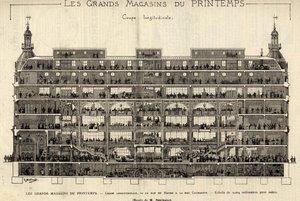 Les grands magasins du Printemps en 1889, coupe longitudinale, de la rue du Havre à la rue Caumartin, dessin de Berteault, collection Bianchetti