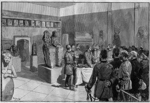 Le dépouillement de la momie de Sésostris (Ramsès II) au Musée de Boulaq (Le Caire, Égypte) par Gaston Maspero en présence du khédive Tewfik. Gravure dans "Le Monde Illustré" 1886. - French School