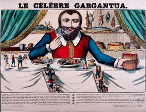 Le célèbre personnage Gargantua des romans de François Rabelais (1494-1553), écrivain français. Gargantua a un grand dais et a toutes sortes de plats. Imagerie d