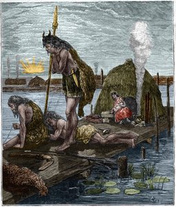 Les premiers Parisiens, ou habitants de Lutèce (Paris) (hutte sur pilotis) Gravure de 
