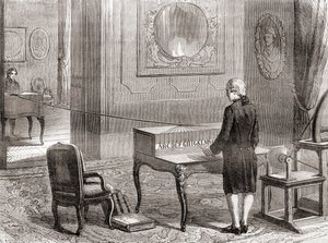 La première démonstration en 1774 du télégraphe électrique, inventé par Georges-Louis Le Sage, des Merveilles de la Science, publié vers 1870 (gravure) - French School