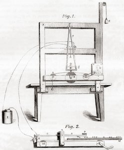 Le premier télégraphe électrique inventé par Samuel Morse en 1837, de Les Merveilles de la Science, publié vers 1870 (gravure)