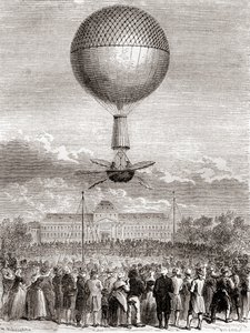 Le premier vol en ballon réussi de Jean-Pierre François Blanchard le 2 mars 1784, dans un ballon à gaz hydrogène lancé depuis le Champ de Mars, Paris, France, extrait de Les Merveilles de la Science, publié vers 1870 (gravure)