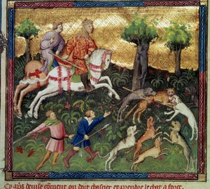 La chasse au chat sauvage. Miniature tirée du « Livre de la chasse » de Gaston III Phoebus, Comte de Foix, Seigneur de Béarn (1331-1391) - French School