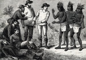 Les habitants du Pérou aidant les Européens coloniaux souffrant de malaria avec de la quinine (gravure) 1888 - French School