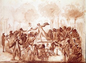 Le journaliste Camille Desmoulins (1760-1794) harangue les patriotes dans les jardins du Palais-Royal. Première scène de la Révolution française à Paris, le 12 juillet - French School