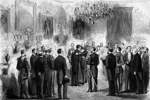 Le roi de Suède Oscar II (1829-1907) reçoit les explorateurs Nils Adolf Erik (Eric) Baron Nordenskjöld (Nordenskiöld) (1832-1901) et le lieutenant Palander au Palais Royal de Stockholm. En 1878, Nordenskjöld passe de l