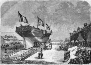 Le lancement du paquebot Quirinal à La Seyne en 1857 (Compagnie des Messageries Maritimes). Gravure de 1857. - French School