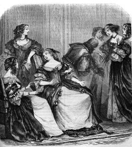 Le salon littéraire de la Marquise de Rambouillet a inspiré Molière pour écrire "Les précieuses ridicules". Autour de la Marquise (née Catherine de Vivonne) - French School