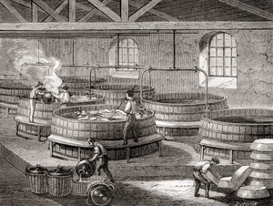 La fabrication de savon dans de grands réservoirs au 19ème siècle, de 