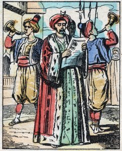 Le mariage de la fille du Sultan avec le fils du Grand Vizir est annoncé par un lecteur public. Gravure du conte des Mille et Une Nuits « Aladin et la Lampe Merveilleuse ». Imagerie d