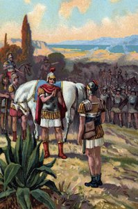 La rencontre de Jules César (100-44 av. J.-C.) et du roi Pharnace II du Pont (97-47 av. J.-C.) à la bataille de Zéla en 47 av. J.-C., qui fera prononcer à Jules César la phrase « Veni vidi vici » - French School