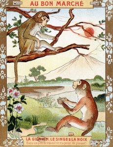 Le singe et la noix (Fable de La Fontaine) - vignette publicitaire du Bon Marché - French School