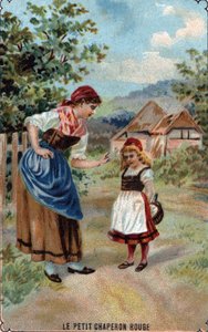 La mère du Petit Chaperon Rouge la met en garde contre le loup, illustration du conte « Le Petit Chaperon Rouge » de Charles Perrault - French School