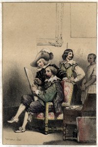 Le peintre Diego Velázquez (1599-1660) accueillant dans son atelier Pierre Paul Rubens (1577-1640). Planche tirée de « Scènes de la vie des hommes célèbres », gravure en deux teintes par Valerio. 1843. - French School