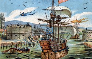 Le port du Havre en 1520. Chromolithographie vers 1890
