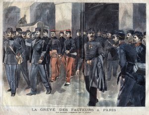 La grève des postiers : soldats et gardes municipaux chargés de la distribution des lettres à Paris. Gravure de 1899 dans « La petite Gironde » - French School