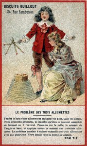 Le problème des trois allumettes : carte pour enfants offrant un jeu sous forme de puzzle (devinette). Chromolithographie du XIXe siècle - French School