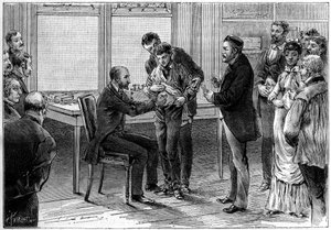 Les opérations du vaccin contre la rage, au laboratoire de Louis Pasteur (1822-1895), dessin de C. Gilbert d