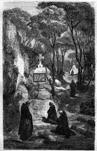 Les religieux de Saint Benoît en prière. Gravure dans « Histoire des Papes-Rois-Reines et Empereurs à travers les siècles » de Maurice Lachatre - French School