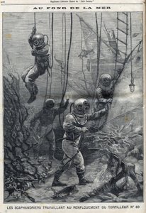 Les scaphandriers travaillant au renflouement de la torpille 83 qui avait coulé dans la baie de Douarnenez en Finistère en Bretagne, dans "Le Petit Parisien" - French School