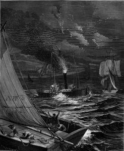 Le navire construit en 1807 par Robert Fulton pour la route New York - Albany sur le fleuve Hudson - French School