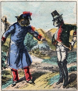 Le lion malade et le renard. Fables de Jean de La Fontaine (1621-95). Imagerie d