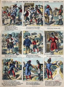 Le lion malade et le renard. Fables de Jean de La Fontaine (1621-95). Imagerie d