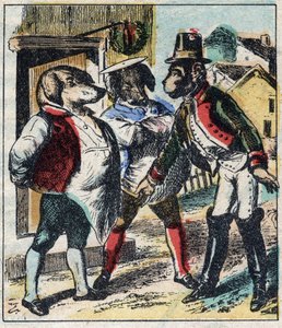 Le lion malade et le renard. Fables de Jean de La Fontaine (1621-95). Imagerie d