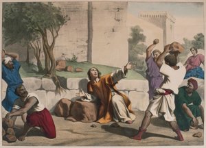 La lapidation de Saint Étienne, illustration du catéchisme L