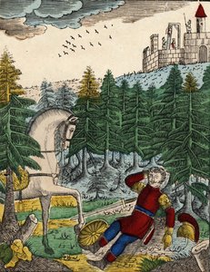 Histoire des quatre fils Aymon; Bayard, entendant le bruit des soldats que Ripas avait avec lui pour pendre Richard, réveille Regnault en frappant sur son bouclier, image d