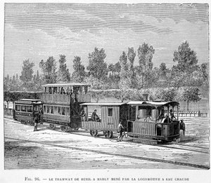 Le tramway de Rueil à Marly, conduit par la locomotive à eau chaude - dans "Les nouvelles conquêtes de la science" par Louis Figuier