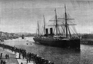Le paquebot transatlantique « La Gascogne » dans le port du Havre en 1887. Gravure dans le journal illustré « La Jeunesse »