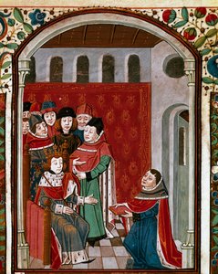 Le traducteur Jean de Meung (ou Clopinel ou Chopinel) (1240-1305) offre son œuvre au roi Philippe IV le Bel (1268-1314). Miniature tirée de « De Consolatione Philosophiae » par le philosophe latin Boèce (Boetius) (475-520), traduit par Jean de Meung - French School