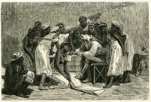 La visite des reines, les seize épouses du roi Sepopo, dans la case du Dr. Holub. Gravure de D. Maillard, pour illustrer l