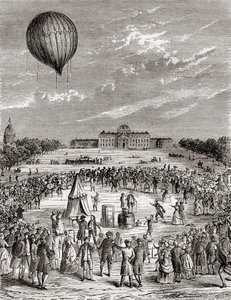 Le premier ballon à hydrogène du monde, lancé au-dessus du Champ de Mars, Paris, France en 1783, de Les Merveilles de la Science, publié vers 1870 (gravure) - French School