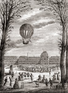 Le premier vol habité en ballon à hydrogène au monde au-dessus du Champ de Mars, Paris, France le 1er décembre 1783, piloté par Nicolas-Louis Robert et le professeur Jacques Charles, de 
