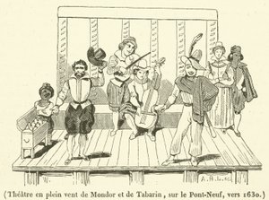 Théâtre en plein air de Mondor et de Tabarin, sur le Pont-Neuf, vers 1630 - French School