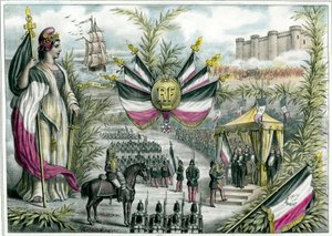 Troisième République : la république triomphante préside à la grande fête nationale du 14/07/1880 sur la Place de la Bastille. Le 14 juillet devient une fête nationale de la France et le drapeau tricolore est adopté. Gravure vers 1880 Collection privée - French School