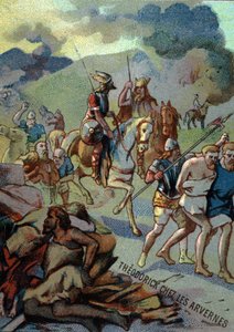 Théoderic, fils aîné de Clovis, chez les Arvernes (Auvergne) (532-533). Chromolithographie de la série "Éducation patriotique par l