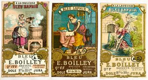 Trois étiquettes pour la marque de lessive Bleu de E. Boilley, 1878 - French School