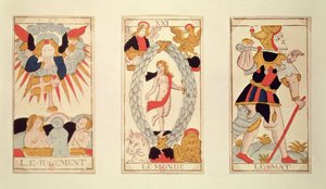 Trois cartes de tarot représentant le Jugement, le Monde et le Fou (gravure sur bois en couleur) - French School
