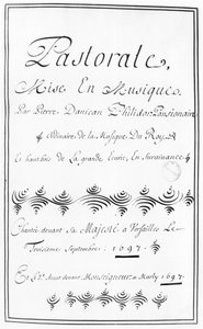 Page de titre de la Pastorale par Pierre Danican Philidor (1681-1731) 1697 - French School
