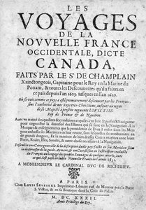 Page de titre pour Les Voyages de la Nouvelle France... publié en 1632 - French School