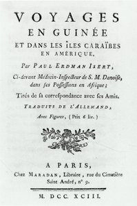Page de titre de Voyages en Guinée et dans les Îles Caraïbes en Amérique par Paul Erdman Isert, publié en 1743 - French School